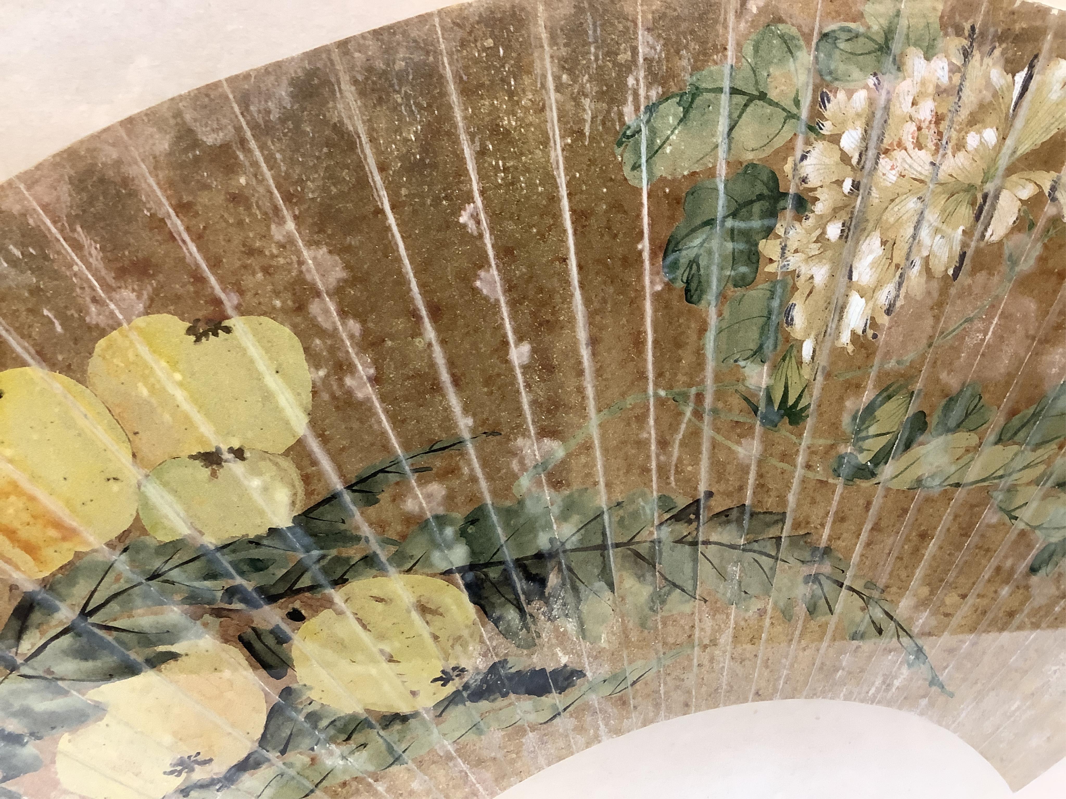 Early 20th century, Chinese School, hand painted fan, signed with character marks and red seal marks, 26 x 53cm, framed